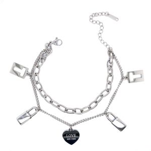 Kalp - Kilit Figürlü Çelik Bileklik Gümüş