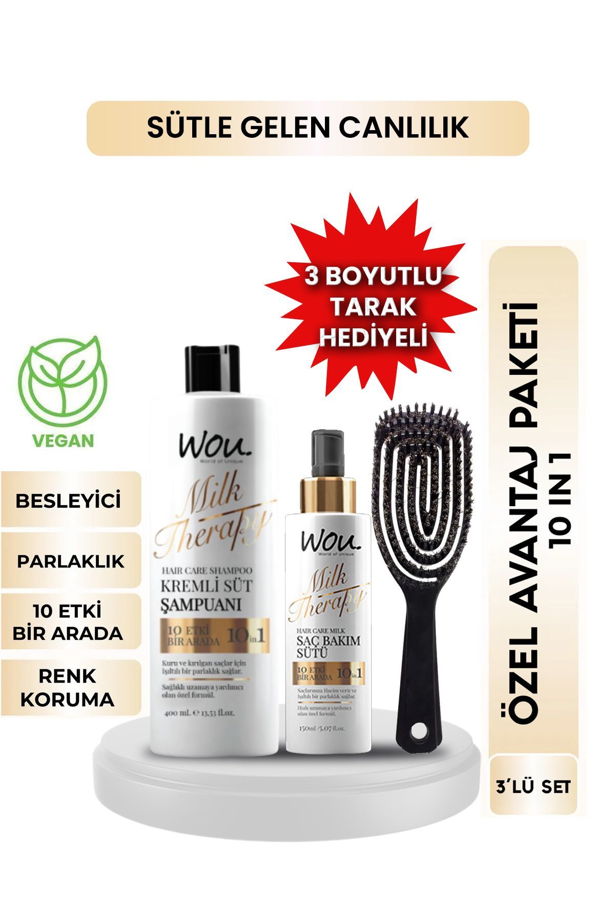 Wou World Of Unique Milk Therapy Şampuan 400 ml + Milk Therapy Saç Bakım Sütü 150 ml Lüx Tarak Hediyeli