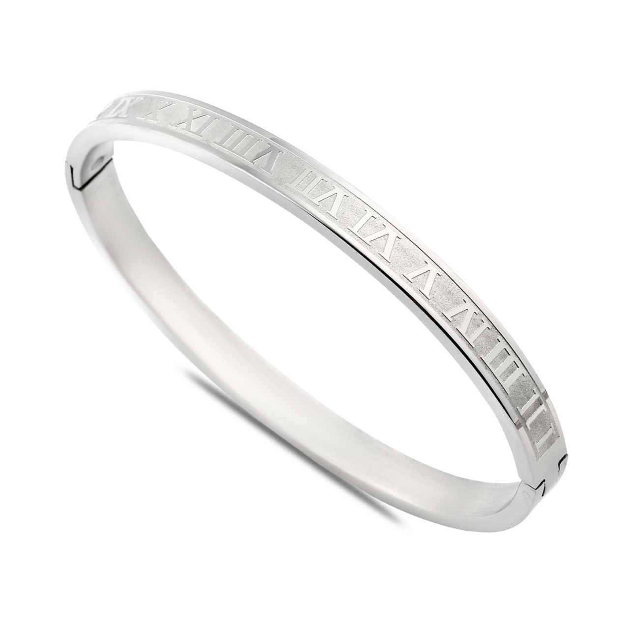 Roma Rakamı Desenli Zirkon Taşlı Çelik Kelepçe Bileklik Gümüş