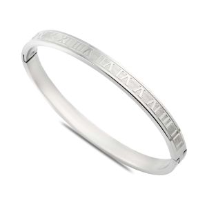 Roma Rakamı Desenli Zirkon Taşlı Çelik Kelepçe Bileklik Gümüş