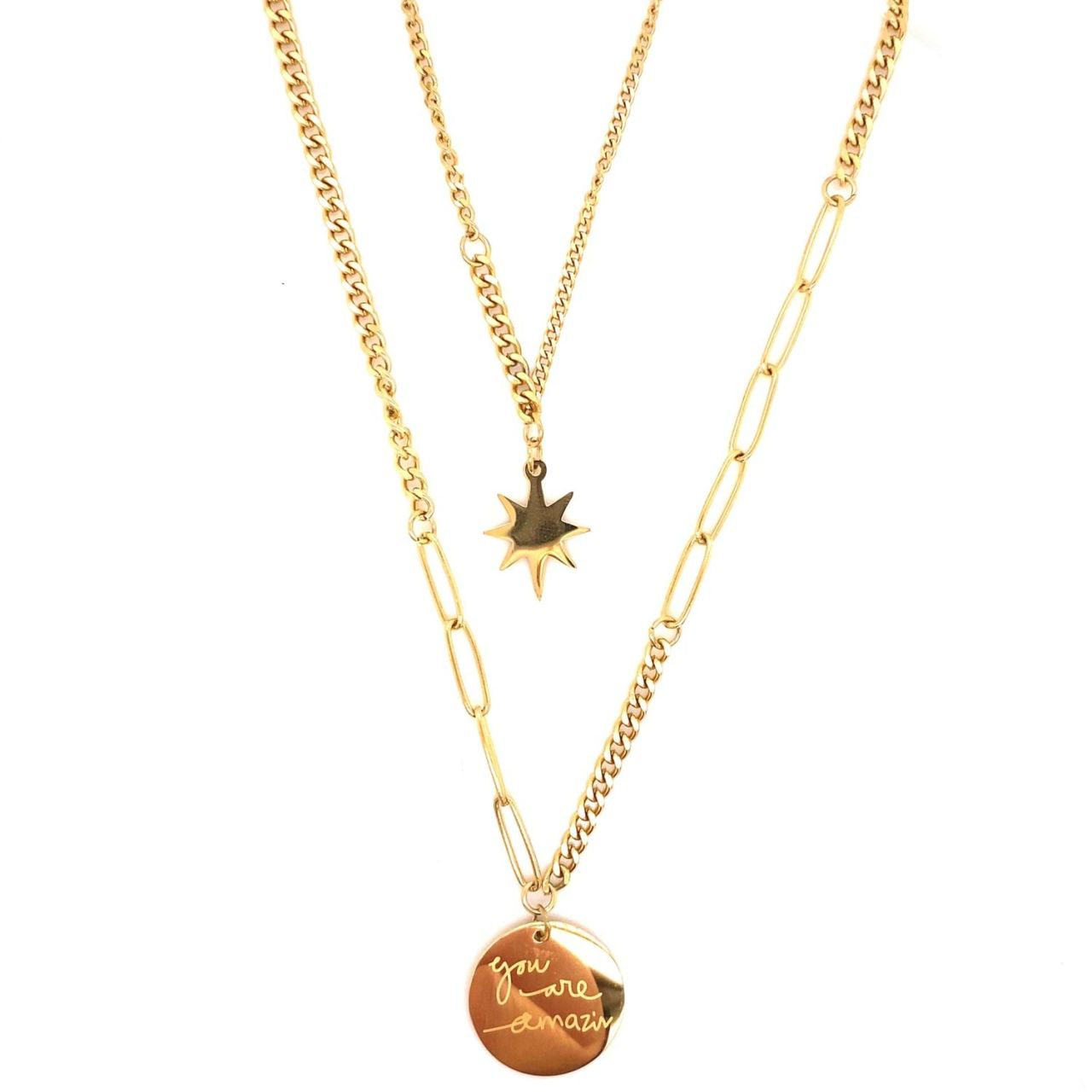 Kutup Yıldızı Figürlü You Are Amazin Çelik Kolye Gold