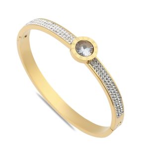 Roma Rakamı Desenli Zirkon Taşlı Çelik Kelepçe Bileklik Gold