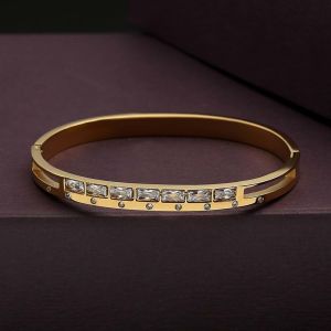 Zirkon Taşlı Çelik Kelepçe Bileklik Gold