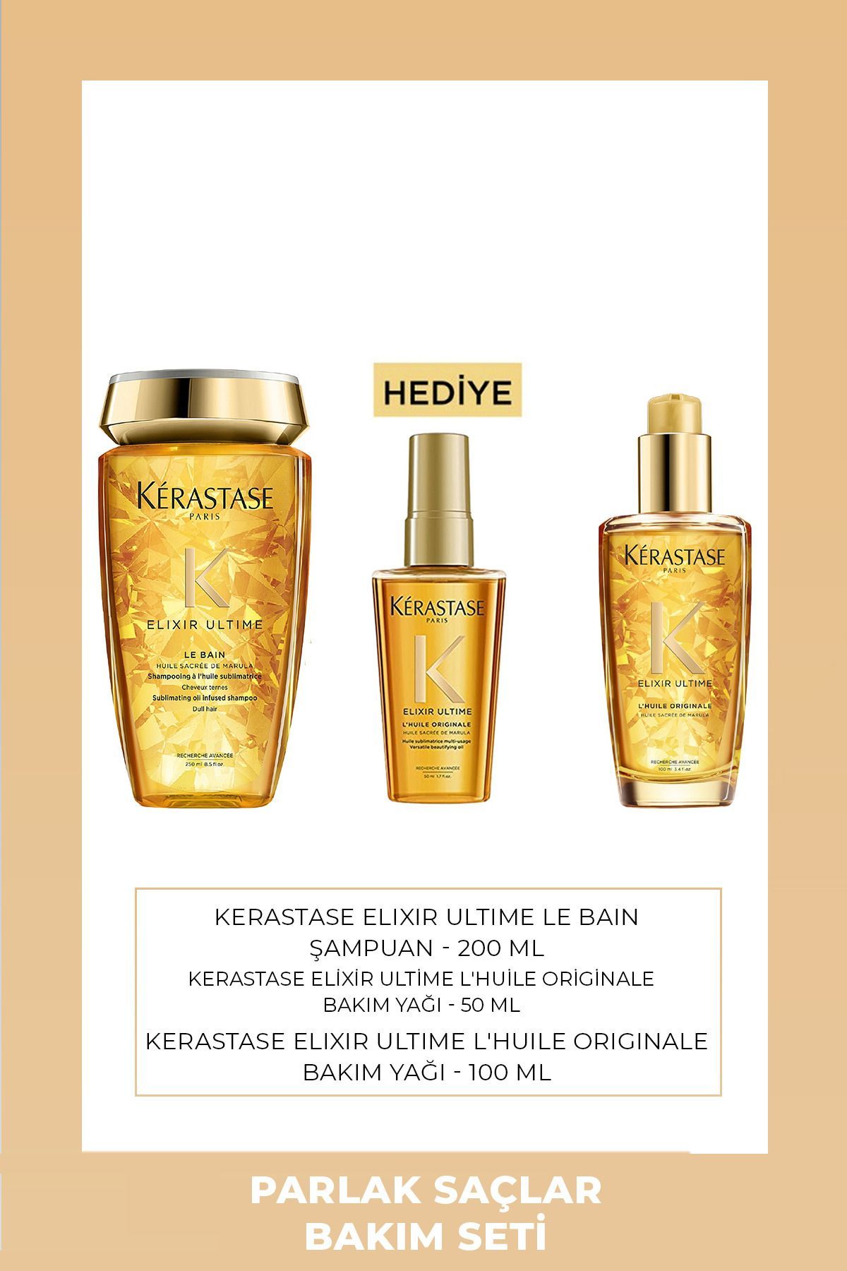 Kerastase Elixir Ultime Parlaklık Sağlayan Saç Bakım Seti Şampuan 250 ml + Saç Bakım Yağı 100 ml + Ultime Yağ 50 ml