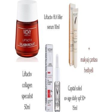 Vichy Liftactiv Collagen Specialist Yüz Kremi 50 ml + Vichy Liftactiv Supreme H.A. Epidermic Filler 10 ml + Vichy Capital Soleil Age Daily SPF50 15 ml Kofre + Çanta