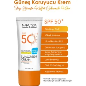 Narcissa Leke Karşıtı UVA + UVB Yüksek Koruyucu Waterproof Güneş Kremi SPF50+ 50 ml