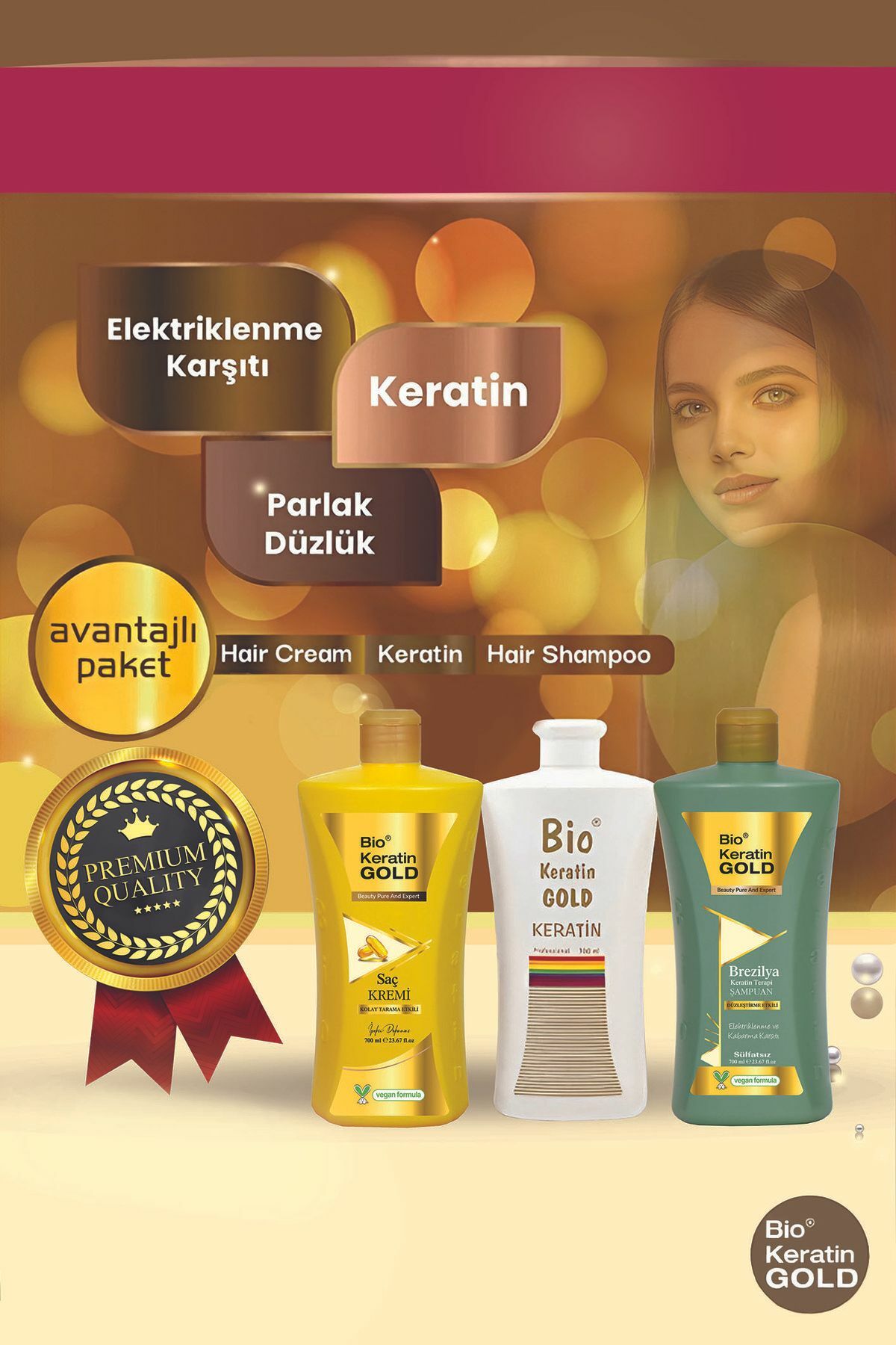 Bio Keratin Gold Şampuan 700 ml + Keratin 700 ml + Saç Kremi 700 ml - 3'lü Paket