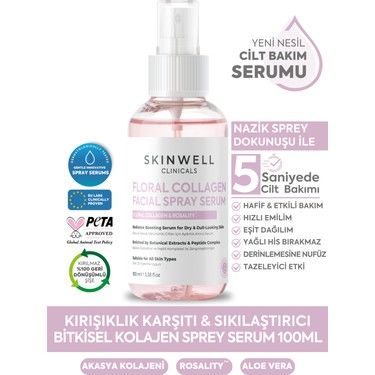Skinwell Sıkılaştırıcı Etki Bitkisel Kolajen Gül Ekstrakt İçerikli Yüz Bakım Sprey Serum 100 ml
