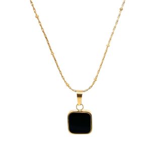 Kare Siyah Sedef Taşlı Çelik Kolye Gold
