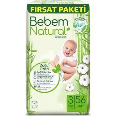 Bebem Natural Bebek Bezi Midi 3 Beden 56'lı