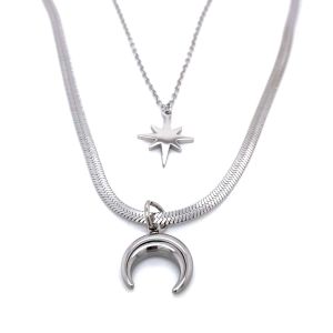 Kutup Yıldızı Hilal Figürlü Çelik Kolye Gümüş