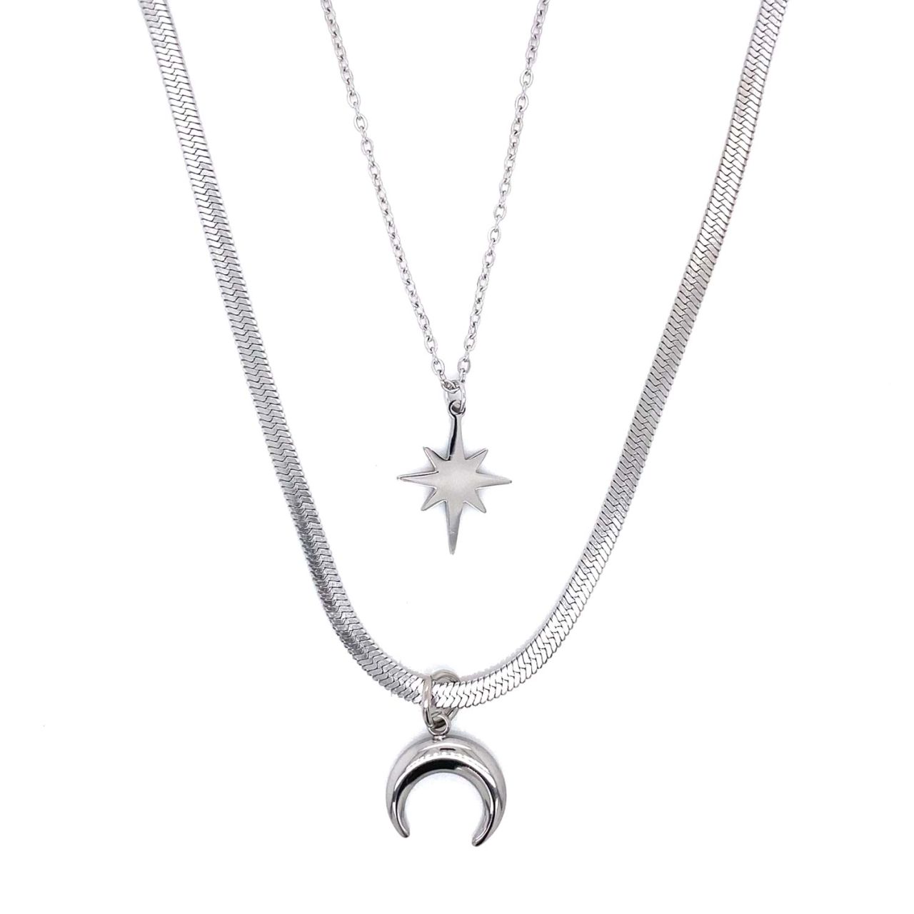 Kutup Yıldızı Hilal Figürlü Çelik Kolye Gümüş