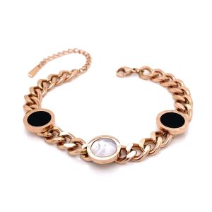 Siyah Beyaz Sedef Taşlı Kalın Zircir Çelik Bileklik Rose