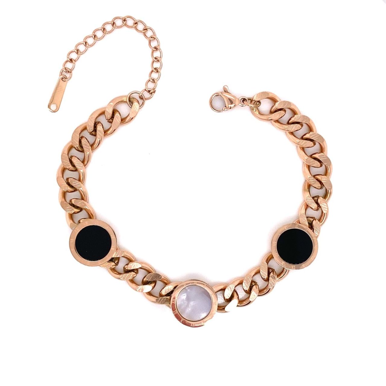 Siyah Beyaz Sedef Taşlı Kalın Zircir Çelik Bileklik Rose