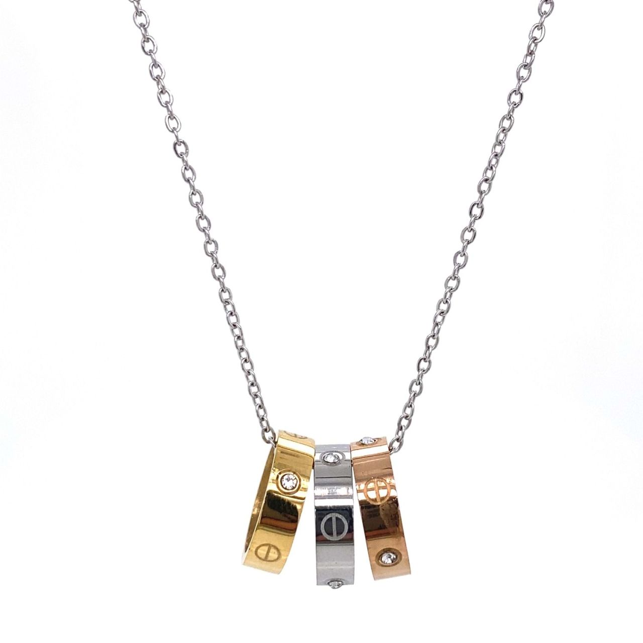 Üç Cartier Halkalı Zirkon Taşlı Çelik Kolye Gümüş