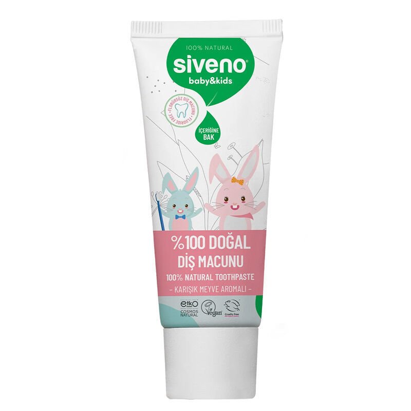 Siveno %100 Doğal Diş Macunu Bebek ve Çocuk İçin Karışık Meyve Aromalı Florürsüz 50 ml