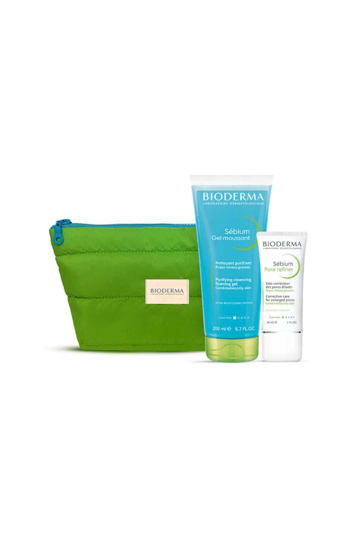 Bioderma Sebium Foaming Gel Tüp 200 ml + Sebium Kerato Gel Cream 30 ml - Yeşil Makyaj Çantası Hediyeli