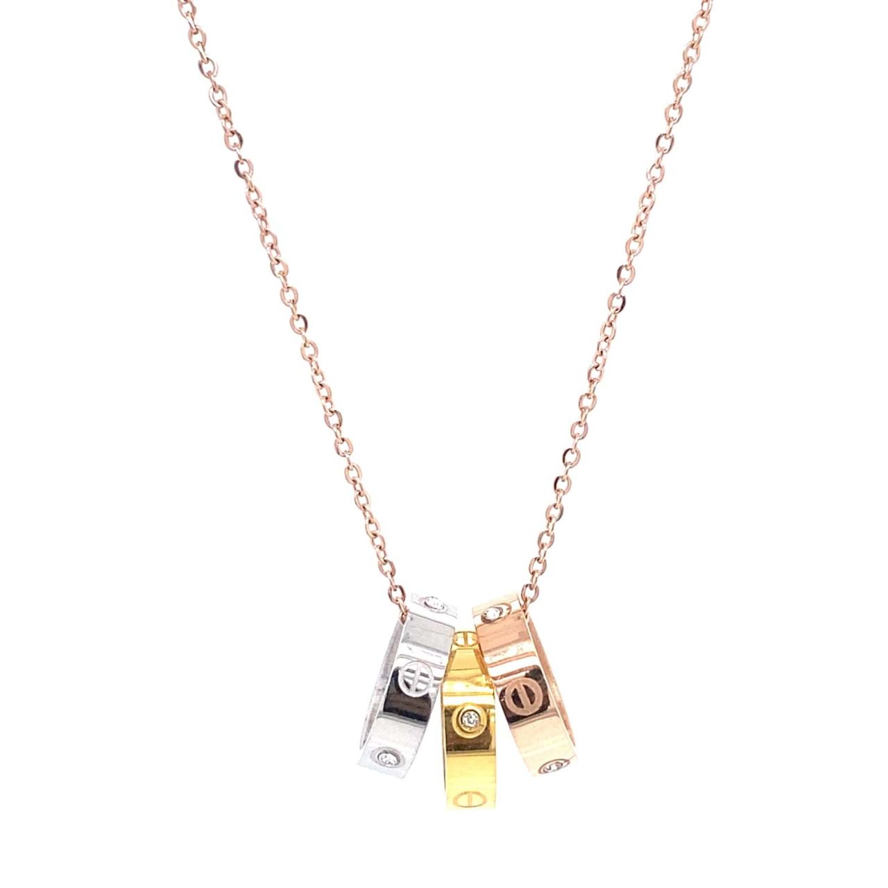 Üç Cartier Halkalı Zirkon Taşlı Çelik Kolye Rose