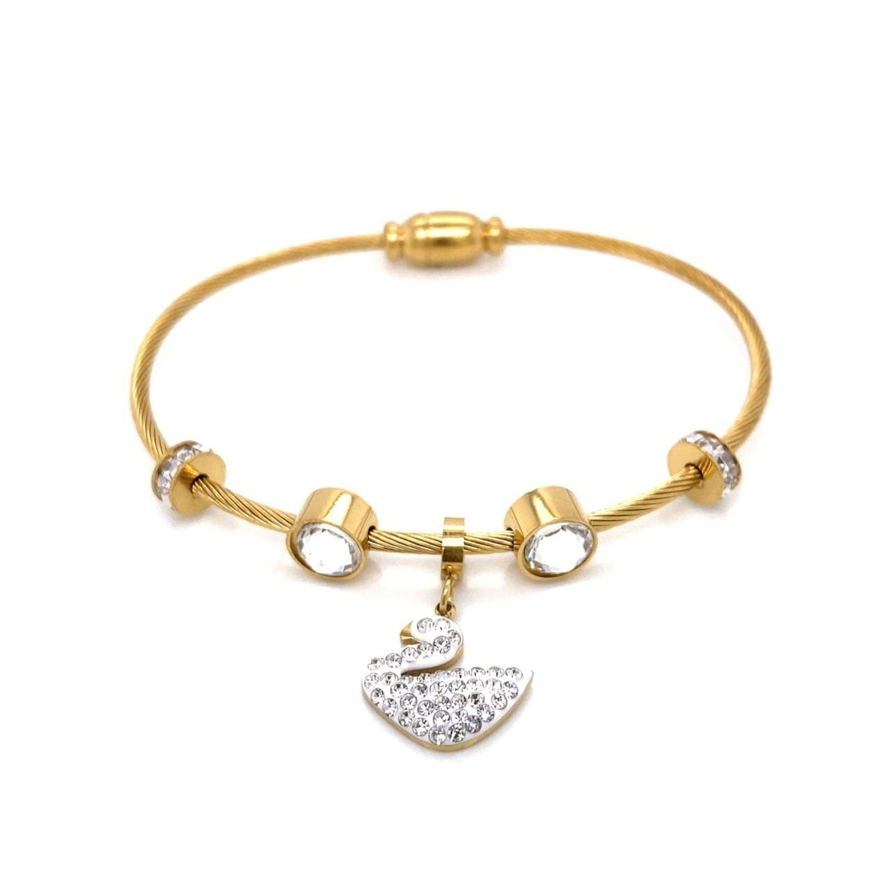 Kuğu Figürlü Zirkon Taşlı Çelik Bileklik Gold