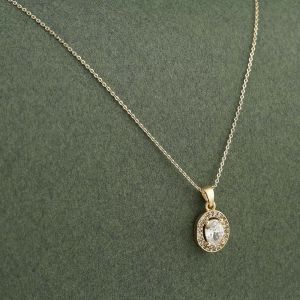 Oval Tek Taşlı Zirkon Kolye Gold