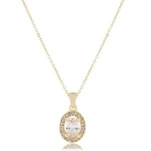 Oval Tek Taşlı Zirkon Kolye Gold