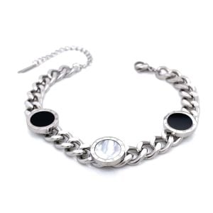 Siyah Beyaz Sedef Taşlı Kalın Zircir Çelik Bileklik Gümüş