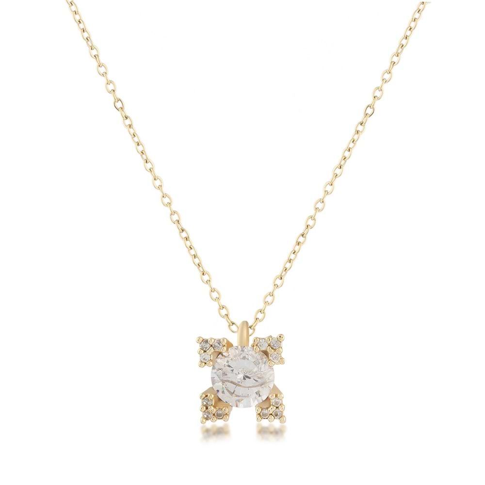 Dört Köşeli Tek Taşlı Zirkon Kolye Gold