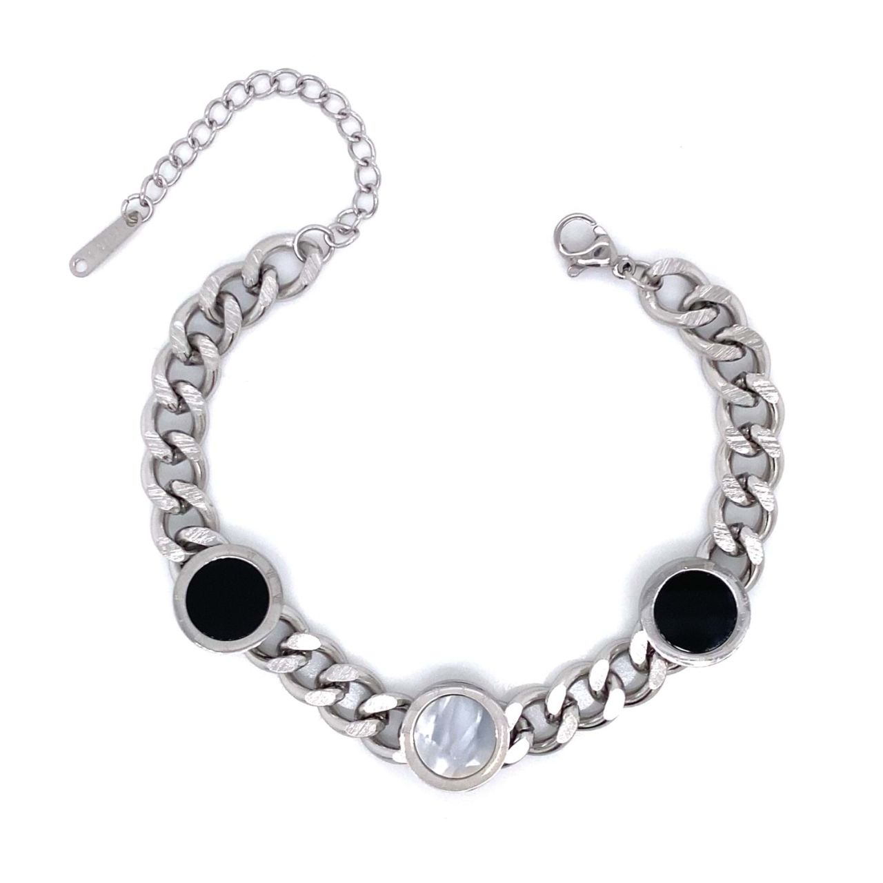 Siyah Beyaz Sedef Taşlı Kalın Zircir Çelik Bileklik Gümüş