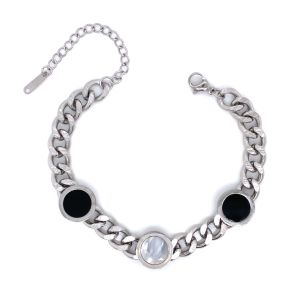 Siyah Beyaz Sedef Taşlı Kalın Zircir Çelik Bileklik Gümüş