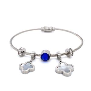 Yonca Figürlü Mavi Taşlı Çelik Bileklik Gümüş