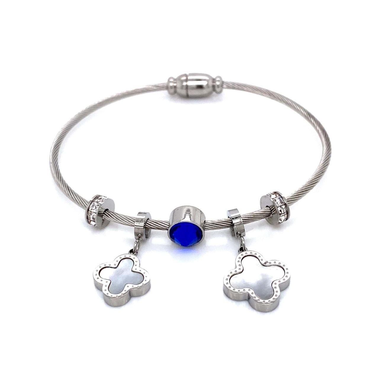 Yonca Figürlü Mavi Taşlı Çelik Bileklik Gümüş