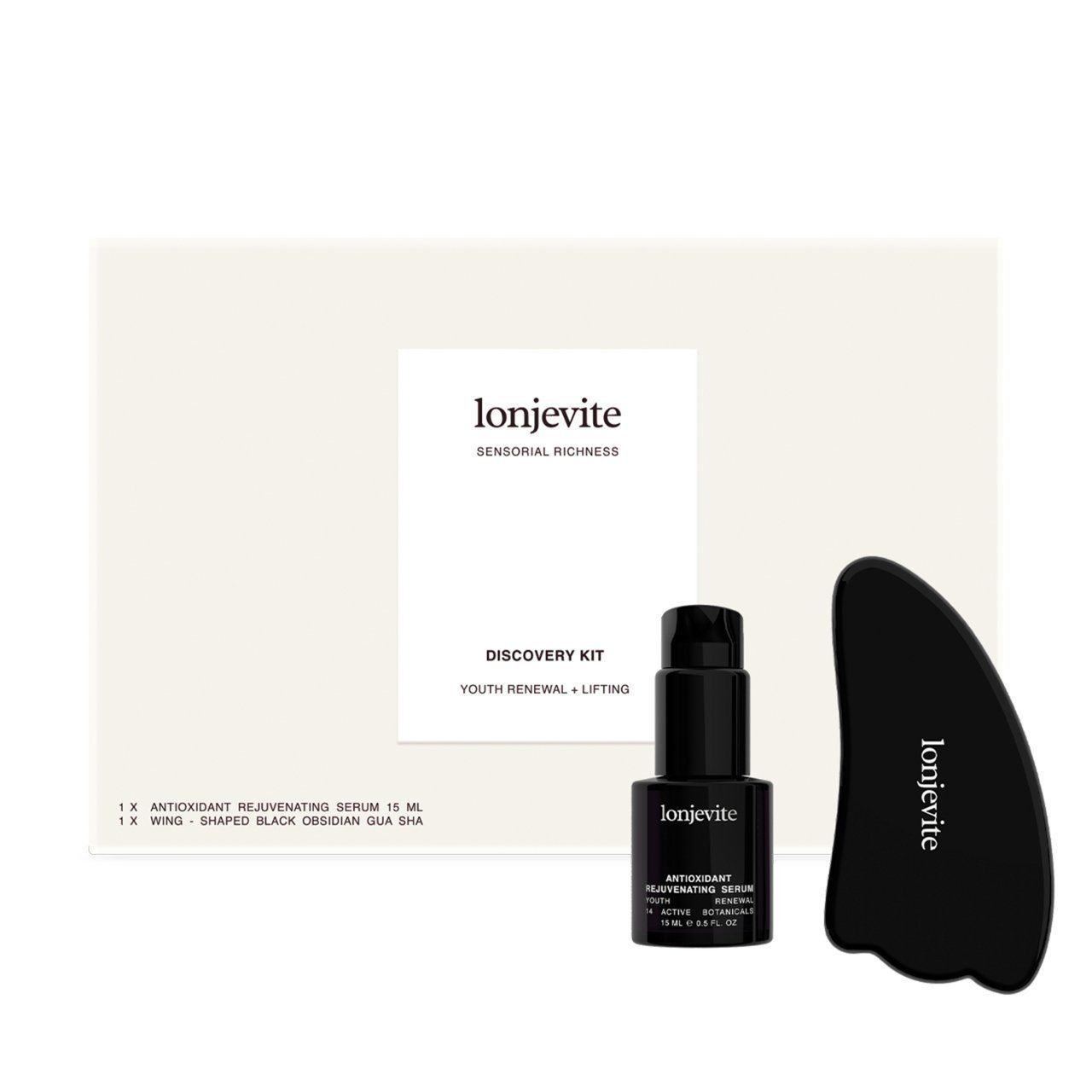 Lonjevite Discovery Kit - Antioxidant Rejuvenating Serum 15 ml + Wing Shaped Black Obsidian Gua Sha
