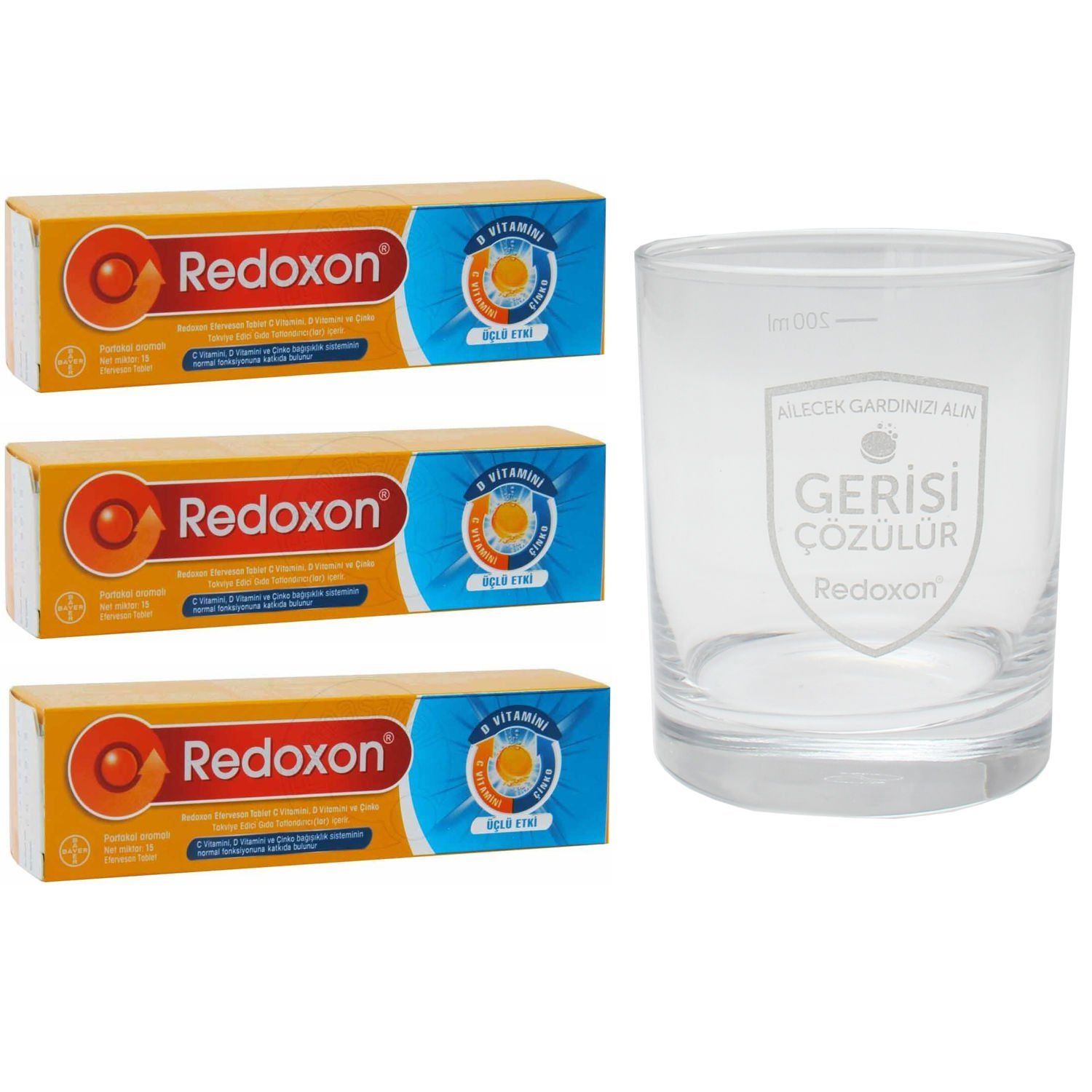 Redoxon 3'lü Etki 15 Efervesan Tablet 3 Adet + Cam Bardak Hediye