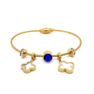 Yonca Figürlü Mavi Taşlı Çelik Bileklik Gold