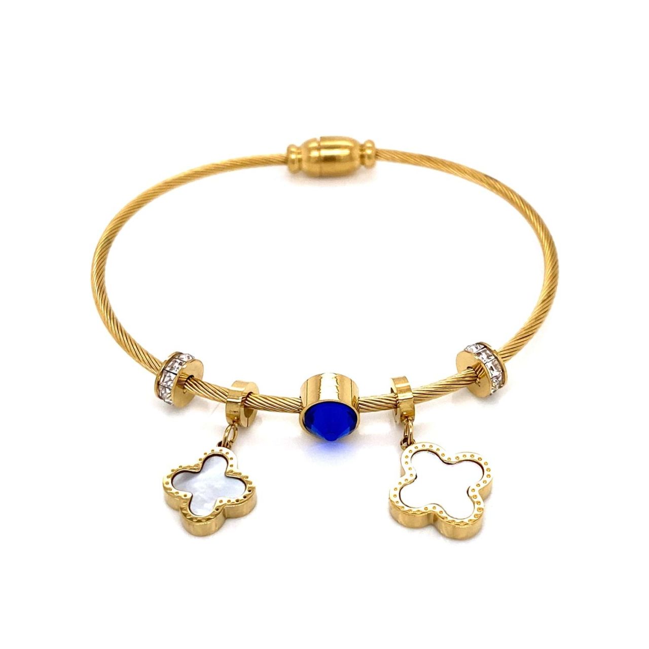 Yonca Figürlü Mavi Taşlı Çelik Bileklik Gold