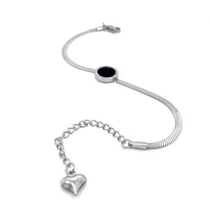 Siyah Sedef Taşlı Roma Rakamlı İtalyan Zincir Çelik Bileklik Gümüş