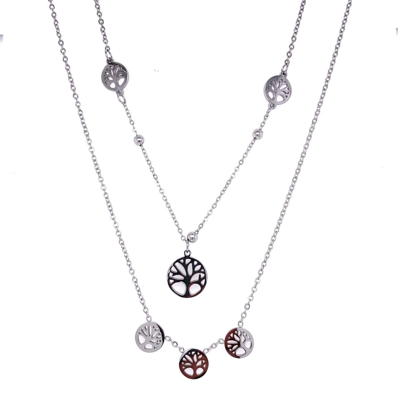 Çoklu Hayat Ağacı Figürlü Çelik Kolye Gümüş