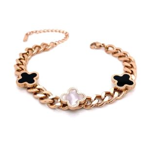 Siyah Beyaz Sedef Taşlı Yonca Kalın Zircir Çelik Bileklik Rose