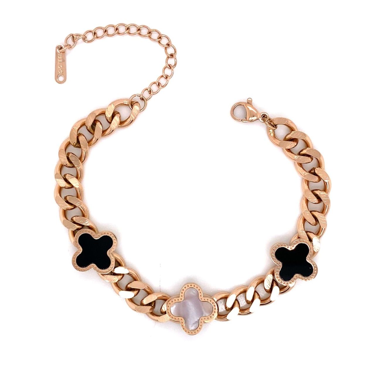 Siyah Beyaz Sedef Taşlı Yonca Kalın Zircir Çelik Bileklik Rose