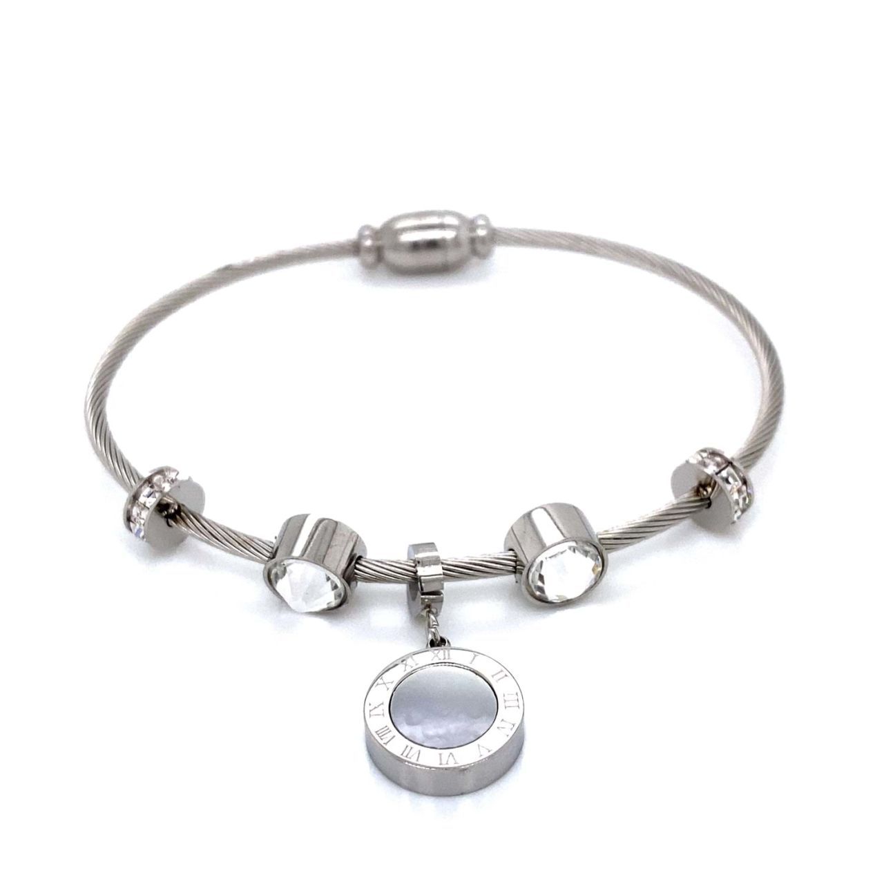 Roma Rakamlı Zirkon Taşlı Çelik Bileklik Gümüş