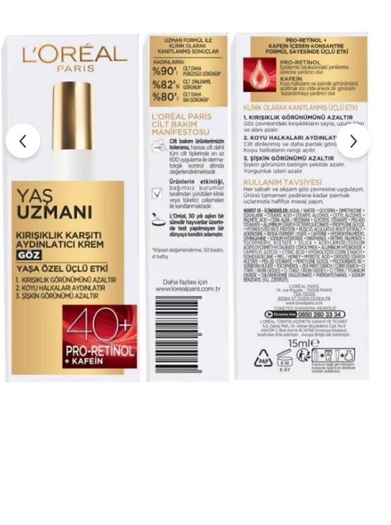 L'Oreal Paris Yaş Uzmanı 40 Kırışıklık Karşıtı Aydınlatıcı Göz Kremi 15 ml