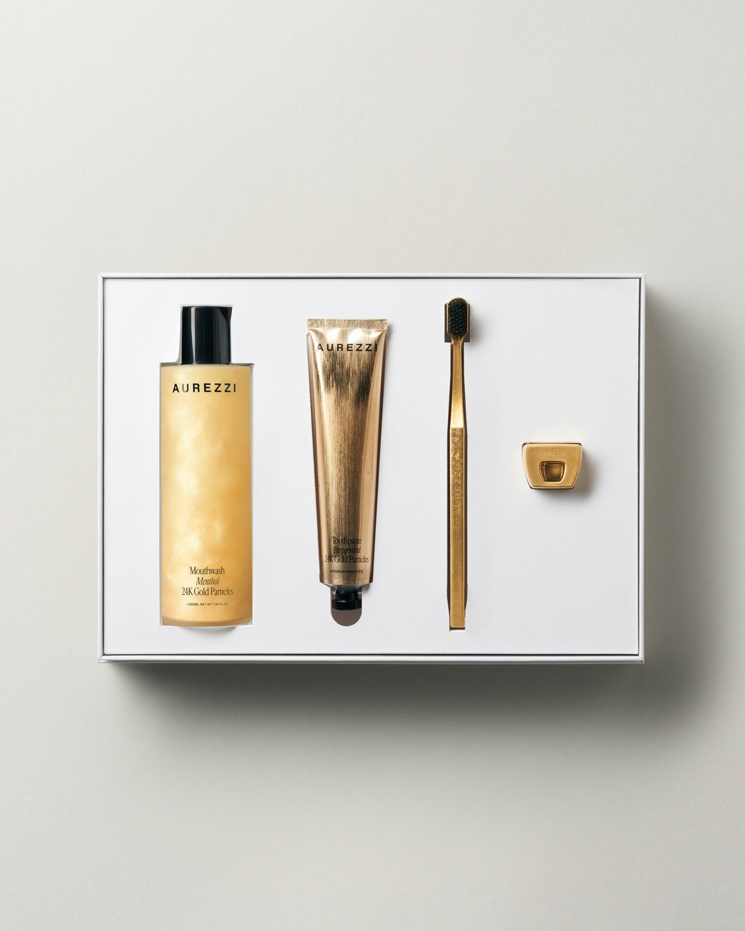 Aurezzi Gift Box Ağız Bakım Suyu 200 ml + Peppermint Diş Macunu 72 ml + Diş Fırçası Gold Black Soft + Gold Tutacak Set