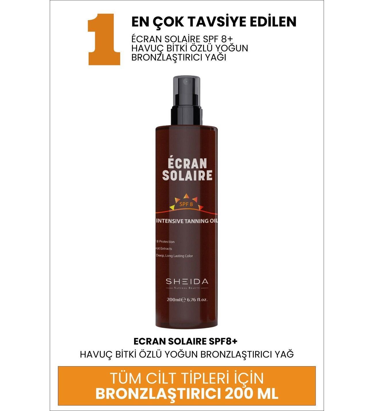 Sheida Doğal Güzellik Havuç Özlü Uzun Süre Kalıcı Renk Yoğun Bronzlaştırıcı Güneş Yağı SPF8 200 ml