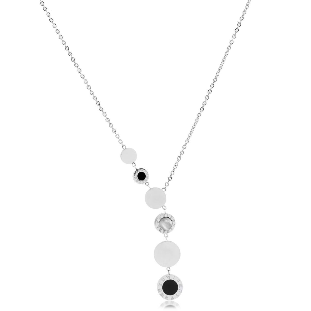 Roma Rakamlı Siyah Beyaz Sedef Taşlı Çelik Kolye Gümüş