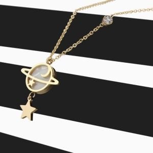 Gezegen Ay Yıldız Figürlü Çelik Kolye Gold