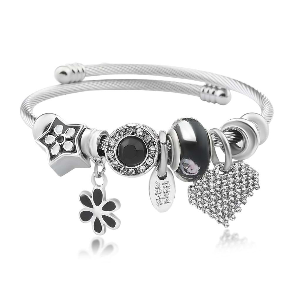 Çiçekli Kalp Figürlü Pandora Çelik Bileklik