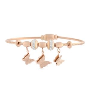 Sallantılı Kelebek Figürlü Zirkon Taşlı Çelik Bileklik Rose