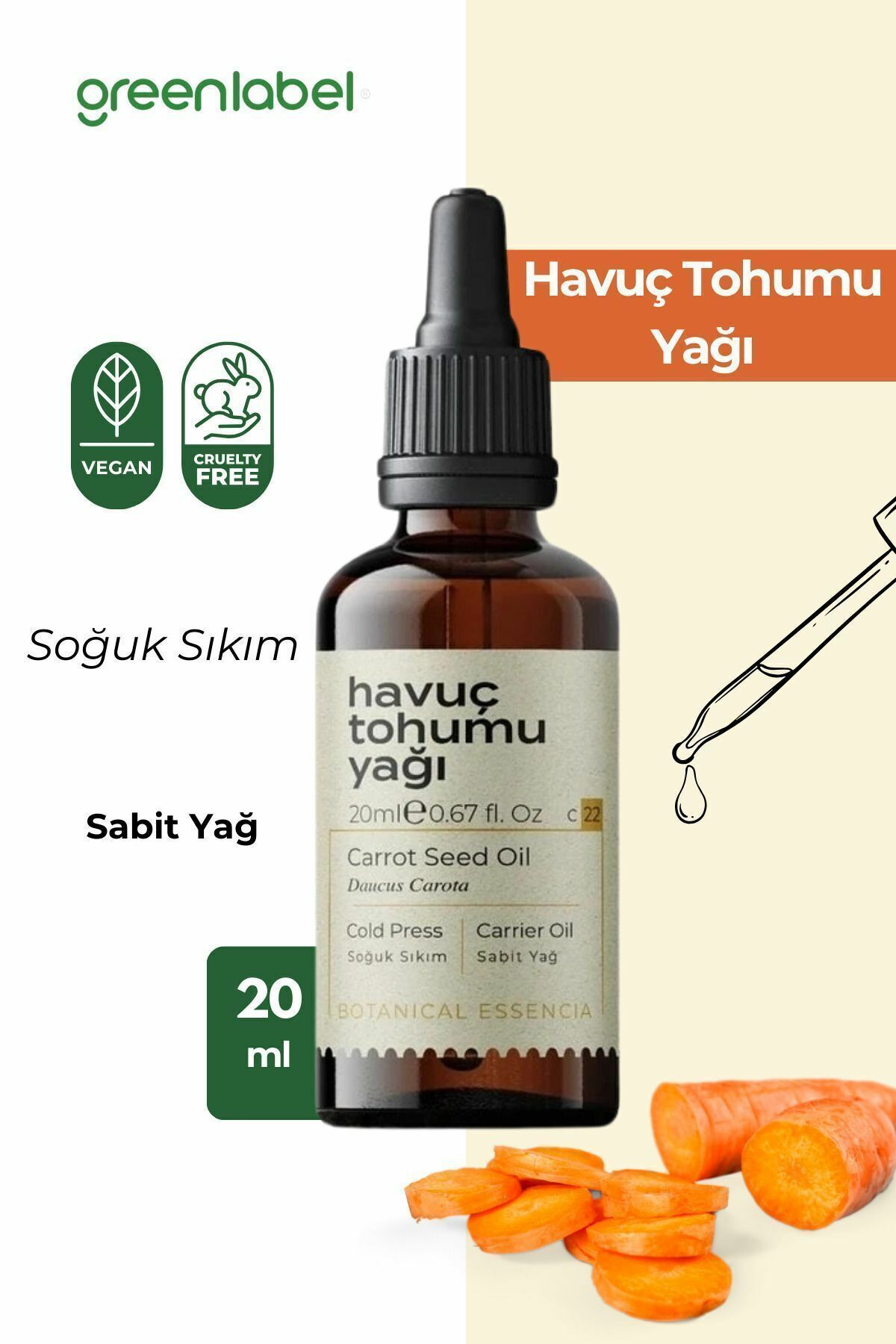 Greenlabel Havuç Tohumu Yağı Soğuk Sıkım %100 Doğal ve Saf Bronzlaştırıcı 20 ml