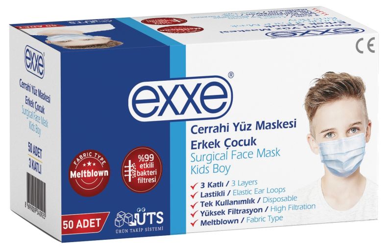 Maske Cocuk Exxe Erkek 50Lı Teklı Poset