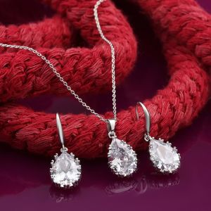 Büyük Damla Zirkon Küpe-Kolye Set Gümüş